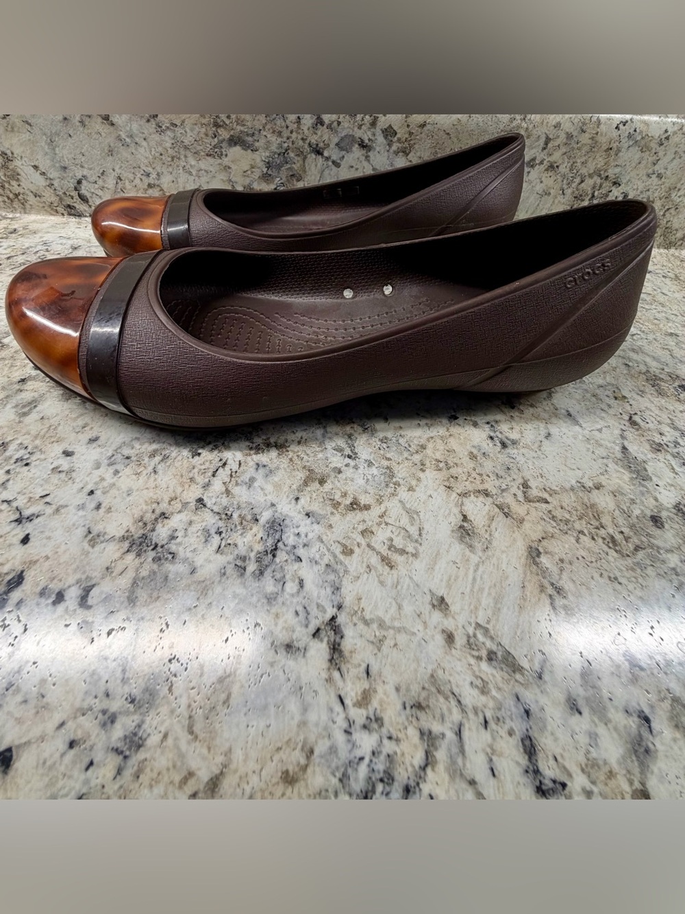 CROCS Women's Brown Two-Tone Cap Toe Ballet Flats with Tan Gloss